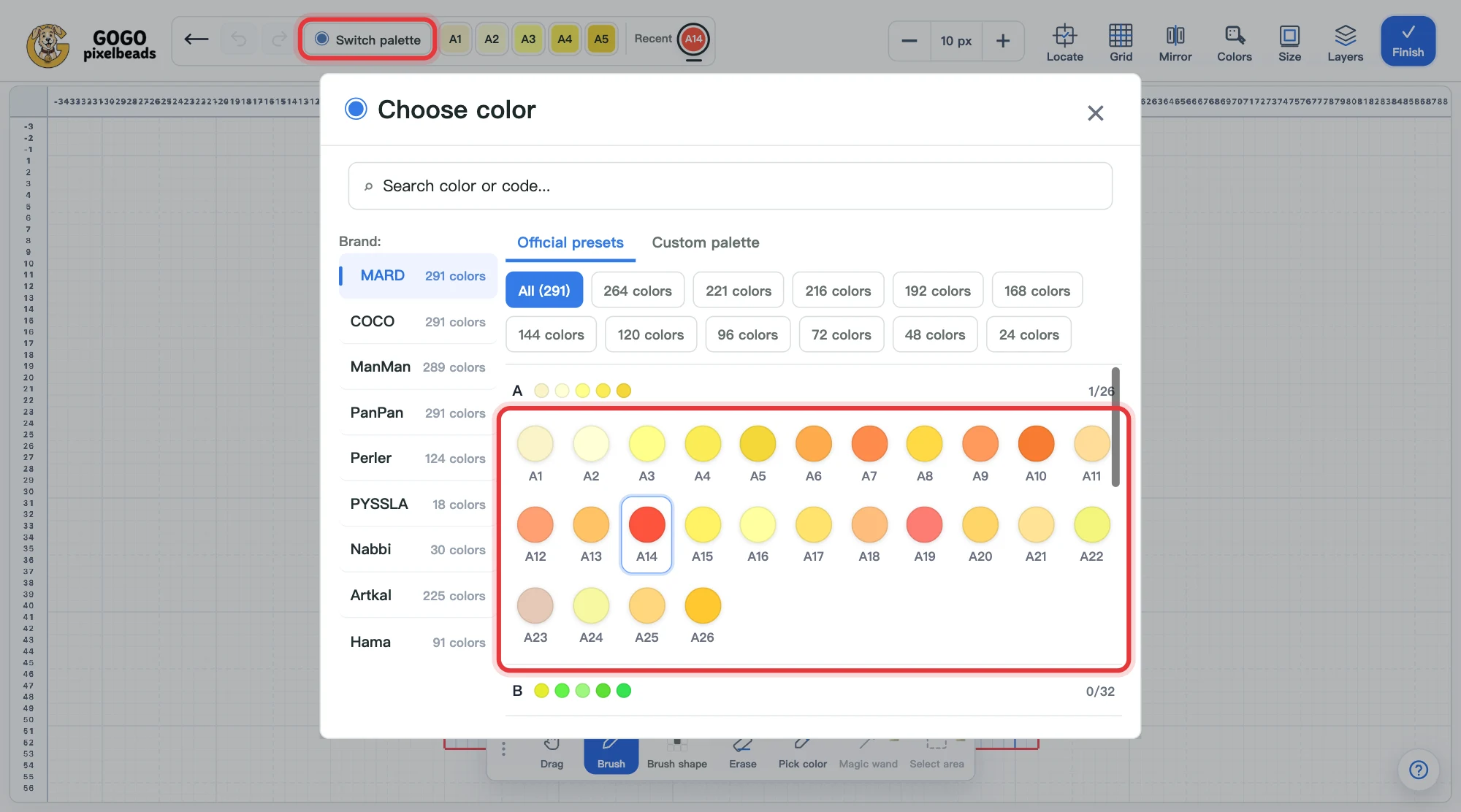 Choose a color: Switch palette at the top left opens the Choose color window, with A14 selected in the A series