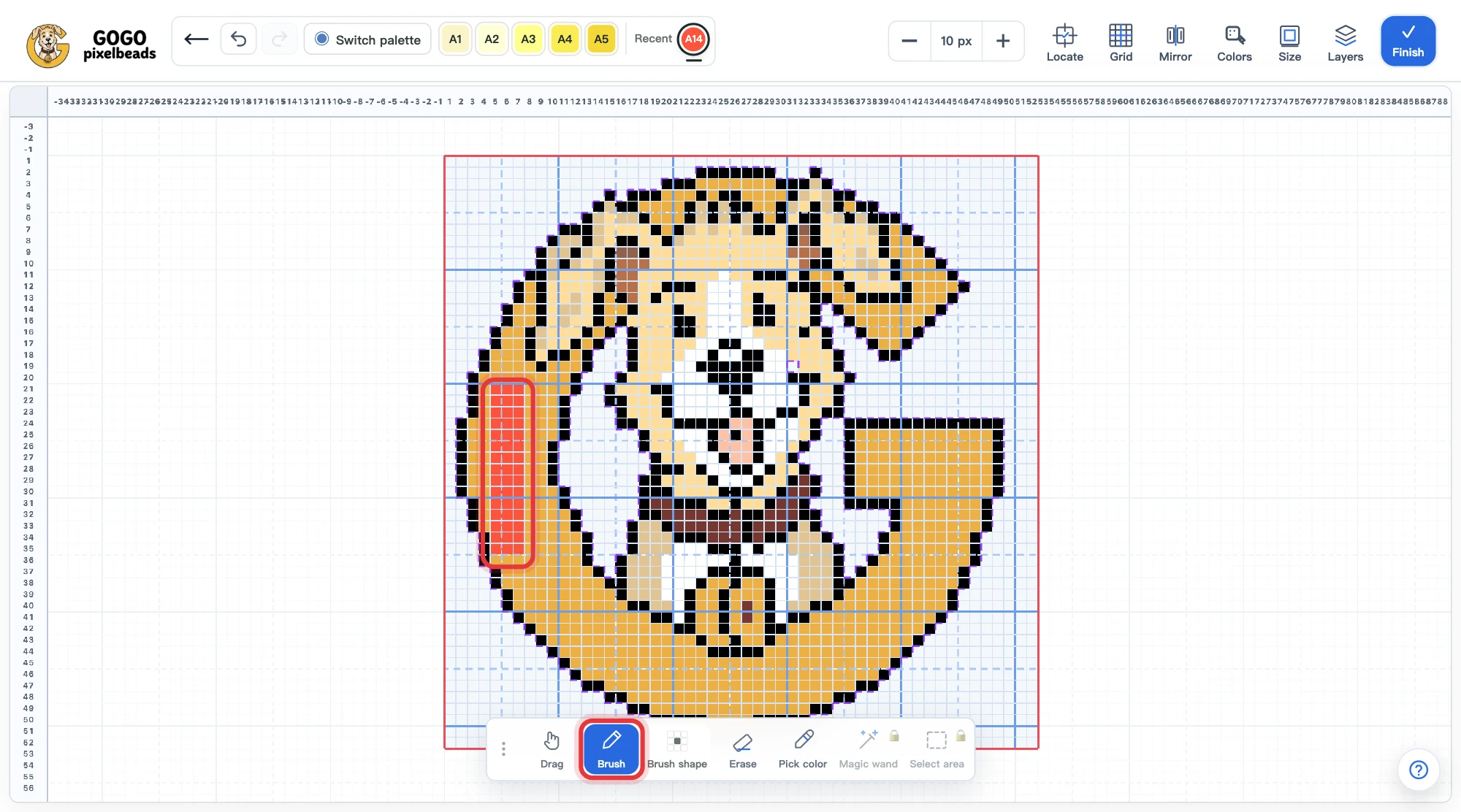 Left-click to draw: the brush drags a red A14 stroke down the left side of the mascot's yellow ring