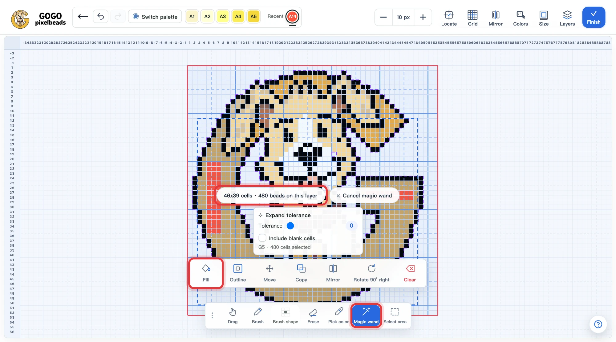 Magic wand: one click selects all 480 cells of the yellow ring, and the toolbar below can fill them with a new color