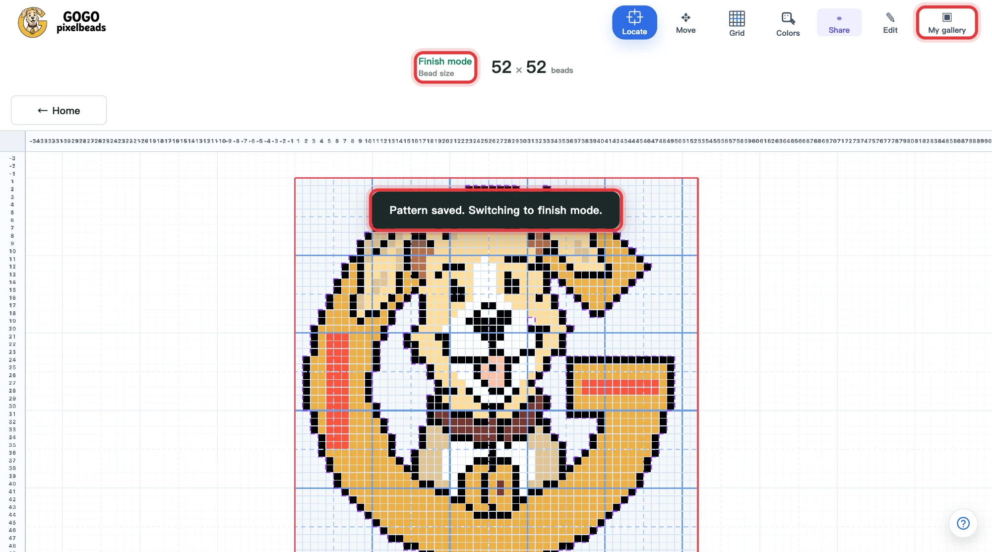 Save to gallery: after clicking Finish, a message says the pattern is saved and finish mode opens, with My gallery at the top right